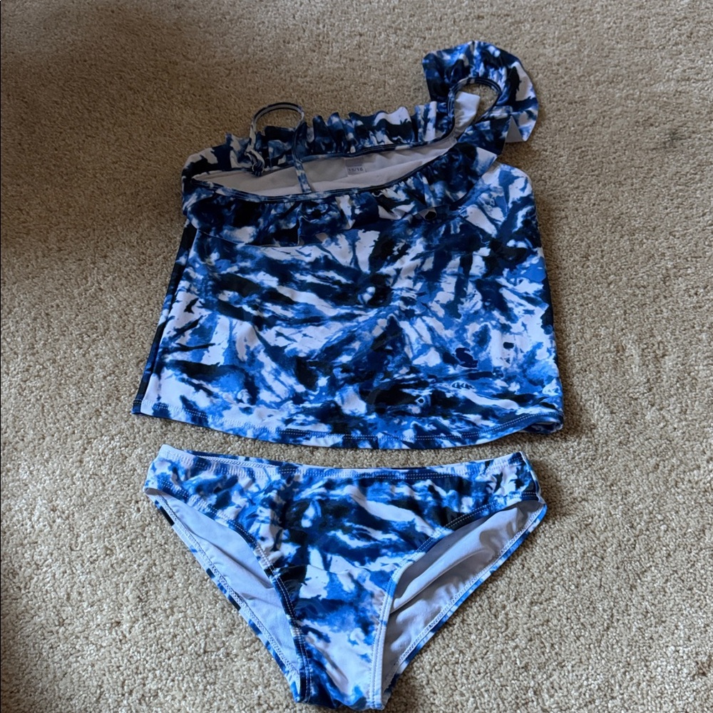 Blue and White Tie-Dye Swimsuit Set